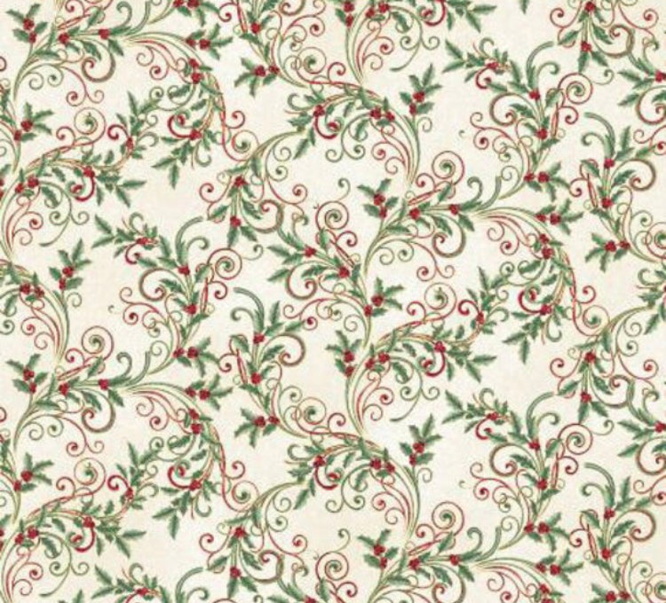 Bernartex Holiday Fabric Natural Leaf Scroll w/Metallic