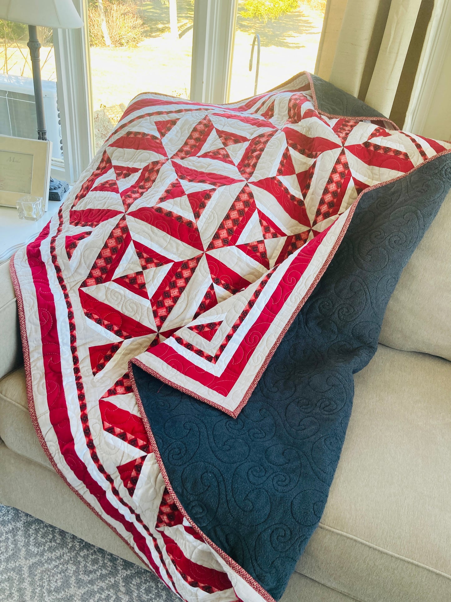 Red, Beige White Geometric Throw Quilt